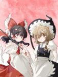 2girls apron back_bow black_skirt black_vest blonde_hair bow braid brown_eyes brown_hair closed_mouth commentary detached_sleeves frilled_bow frilled_hair_tubes frills gohei hair_bow hair_tubes hakurei_reimu hashtag-only_commentary hat highres holding holding_gohei kirisame_marisa kouyicha long_hair multiple_girls red_bow red_skirt ribbon-trimmed_sleeves ribbon_trim side_braid single_braid skirt skirt_set smile touhou vest waist_apron white_apron white_bow witch_hat yellow_eyes 