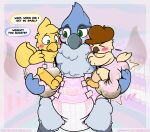 2020 2_tails 2_toes 3_fingers 3_toes absurd_res ace_(boredomwithfriends) ambiguous_gender anthro artist_name avian beak bird blue_body blue_feathers blue_jay blush blush_lines brown_beak brown_clothing brown_hat brown_headwear carrying_another chocobo clean_diaper clothed clothing color_coded color_coded_speech_bubble corvid crib del_the_bluejay dialogue diaper diaper_only diaper_squish english_text eyes_closed feathers feces feet final_fantasy fingers folded_diaper grey_beak grey_body group hand_on_diaper hat headgear headwear heart_clothing heart_diaper heart_symbol heart_underwear hi_res jay_(bird) looking_at_another ludis-luteo multi_tail narrowed_eyes new_world_jay onesydoo open_mouth open_smile orange_body oscine owl passerine pooping signature smile soiled_diaper soiling soiling_diaper speech_bubble square_enix stink_fumes tail tan_body tan_feathers tan_tail text toes topless touching_diaper trio unclean_diaper underwear url used_diaper using_diaper vowelless vowelless_vocalization wearing_diaper yellow_beak yellow_body yellow_feathers yellow_tail