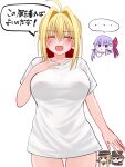  1boy 1girl 3girls absurdres ahoge bb_(fate) bb_(fate/extra) blonde_hair blush braid breasts chibi closed_eyes commentary_request fate/grand_order fate_(series) hair_bun hair_intakes hair_ribbon highres kishinami_hakuno_(female) kishinami_hakuno_(female)_(mooncancer) kishinami_hakuno_(male) kishinami_hakuno_(male)_(mooncancer) large_breasts long_hair mcpc_zamurai multiple_girls nero_claudius_(fate) open_mouth partial_commentary red_ribbon ribbon shirt short_sleeves smile solo_focus speech_bubble translation_request twitter_cutting_game white_shirt 