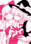  2girls absurdres apron ascot bow box box_of_chocolates braid closed_mouth commentary detached_sleeves frilled_bow frilled_hair_tubes frills grin hair_bow hair_tubes hakurei_reimu hat hat_bow heart heart-shaped_box highres kirisame_marisa long_hair monochrome multiple_girls piaoluo_de_ying_huaban pink_theme ribbon-trimmed_sleeves ribbon_trim side_braid single_braid smile touhou valentine vest waist_apron witch_hat yuri 