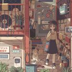  1girl absurdly_detailed_composition air_conditioner akashia_(akasia313) bag bicycle brown_eyes brown_hair commentary_request complex_exterior door hat highres indoors looking_at_viewer original plant potted_plant shoes solo standing window 