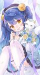 1girl amamiya_kokoro balloon bell blue_hair commentary_request flower hair_bell hair_ornament highres indie_virtual_youtuber jingle_bell koinoringo nijisanji partial_commentary pokemon ribbon sitting thighhighs white_thighhighs x_hair_ornament yellow_eyes 