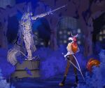 alacorna anthro equid equine equis_universe female hi_res horn horse kelesta male mammal melee_weapon mythological_creature mythological_equine mythology night park sculpture solo square statue sunny_way sword town unicorn weapon