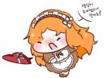  1girl apron blush bow box candy chibi chibi_only chocolate closed_eyes commentary_request egodiary food freckles full_body gift hair_bow hairband heart heart-shaped_box incoming_gift ishmael_(project_moon) korean_commentary limbus_company long_hair maid maid_apron maid_headdress open_mouth orange_hair project_moon simple_background solo throwing valentine white_background white_bow 