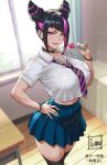  1girl absurdres artist_name breasts diagonal_bangs food hair_horns han_juri highres holding holding_food holding_popsicle large_breasts multicolored_eyes necktie popsicle school_uniform signature street_fighter street_fighter_6 tomo_eokaiteru two-tone_eyes 