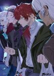  4boys alternate_costume bag black_jacket black_shirt closed_eyes facing_away fuwa_minato glasses green_jacket grey_headband headband highres holding holding_bag ibrahim_(nijisanji) jacket kuzuha_(nijisanji) lauren_iroas long_hair long_sleeves male_focus multicolored_hair multiple_boys nijisanji parted_lips plastic_bag red_hair shirt short_hair streaked_hair turtleneck virtual_youtuber white_hair white_shirt zzz_lp 