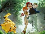  1boy 1girl ^_^ aihara-rina ash_ketchum bag bare_arms bare_shoulders baseball_cap belt black_belt black_hair black_shirt blue_jacket blue_pants blue_shorts blush branch closed_eyes confused denim denim_shorts dragging dutch_angle fingerless_gloves fisheye foreshortening forest gloves grabbing_another's_arm grass green_gloves hashtag-only_commentary hat highres holding holding_bag jacket jeans midriff misty_(pokemon) nature open_clothes open_jacket open_mouth orange_hair pants pikachu pokemon pokemon_(anime) pokemon_(classic_anime) pokemon_(creature) red_hat red_shoes running shirt shoes short_side_ponytail short_sleeves shorts side_ponytail smile sneakers suspenders tank_top tree white_sleeves yellow_fur yellow_shirt yellow_tank_top 