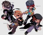  4boys :d :o akune_rindo arima_seigen arm_at_side asymmetrical_bangs bags_under_eyes beret black_coat black_eyes black_gloves black_hair black_hat black_jacket black_leggings black_pants black_shoes black_shorts blonde_hair blue_eyes blue_streaks bracelet bright_pupils brown_hair camouflage_socks cargo_shorts character_name coat college_shirt combat_knife commentary curly_hair curtained_hair deformed desperado-004 dot_nose earrings finger_on_trigger fingerless_gloves floating_clothes from_behind frown full_body fur_hat glasses gloves gold_bracelet gold_necklace grey_background grey_hat gun hand_up handgun hat highres holding holding_gun holding_knife holding_microphone holding_weapon hood hood_down hooded_coat hooded_jacket hoodie hypnosis_mic hypnosis_mic:_rule_the_stage hypnosis_microphone jacket jacket_over_hoodie jewelry jikuin_jyobu jumpsuit knife leggings leggings_under_shorts legs_apart looking_ahead looking_at_viewer looking_to_the_side male_focus medium_hair microphone mullet multicolored_hair multicolored_sweater multiple_boys multiple_rings necklace open_clothes open_coat open_jacket orange_jumpsuit outstretched_arm pants parted_bangs parted_lips partially_unzipped pinstripe_jacket pinstripe_pattern print_jumpsuit raised_eyebrows red_hair ring round_eyewear serious shoes short_eyebrows short_hair shorts sideburns sideways_glance silver_earrings simple_background single_fingerless_glove single_hair_intake sleeveless sleeveless_jacket sleeves_pushed_up smile sneakers streaked_hair stud_earrings suit_jacket sweater sweatpants track_pants user_ajrm3578 ushanka v-shaped_eyebrows wavy_hair weapon white_hoodie white_pants white_pupils white_streaks yagasaki_ibuki 