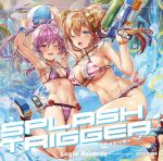  ;d arms_up ball beachball bikini blue_eyes blue_sky breasts brown_hair cloud cover digital_media_player earphones himuro_(dobu_no_hotori) large_breasts long_hair looking_at_viewer multiple_girls navel one_eye_closed open_mouth original palm_tree purple_bikini purple_eyes purple_hair sandals shared_earphones sky small_breasts smile swimsuit tree twintails water_gun 