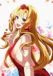  1girl :d absurdres akimio alternate_costume alternate_hairstyle blonde_hair blue_eyes breasts commentary_request dress earrings flower granblue_fantasy hair_flower hair_ornament highres jewelry large_breasts long_hair looking_at_viewer red_dress red_flower red_rose rose sideboob sleeveless sleeveless_dress smile upper_body very_long_hair zeta_(granblue_fantasy) 