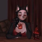 absurd_res alcohol anthro bar bar_stool beverage black_body black_collar black_fur black_hair bottle bra breasts canid canine cleavage clothed clothed_female clothing collar container cup digital_media_(artwork) digital_painting_(artwork) dimly_lit drinking_glass drunk eyebrows female female/female fox fur furniture glass glass_container glass_cup grey_body grey_fur hair half-closed_eyes hi_res holding_container holding_cup holding_drinking_glass holding_object inside looking_at_viewer mammal mintok multicolored_body multicolored_fur narrowed_eyes painting_(artwork) ponytail portrait red_clothing red_eyes red_topwear relaxing sexy_eyes shaded signature sitting sleeveless_clothing smile smirk soft_shading solo space_station space_station_13 sports_bra stool substance_intoxication suggestive sweet_ghost(vk) table thick_eyebrows topwear underwear whiskey white_body white_face white_fur white_hands white_palms zafi_vuf