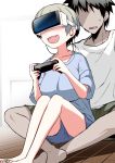  1boy 1girl :d bare_legs barefoot black_hair blue_shirt breasts commentary_request controller faceless faceless_male fang game_controller grey_hair hitotose_rin large_breasts open_mouth sakurai_shinichi shirt short_hair shorts simple_background sitting smile spiked_hair uzaki-chan_wa_asobitai! uzaki_hana vr_visor white_background 