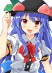  :d black_hat blouse blue_bow blue_hair blush bow bowtie breasts center_frills commentary_request e.o. food frills fruit hand_up hat highres hinanawi_tenshi leaf long_hair looking_at_viewer medium_breasts open_mouth peach puffy_short_sleeves puffy_sleeves red_bow red_eyes red_neckwear shiny shiny_hair short_sleeves sidelocks simple_background smile solo thumbs_up touhou upper_body white_background white_blouse 