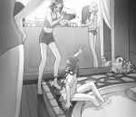  alternate_costume androgynous barefoot casual commentary_request contemporary greyscale highres houseki_no_kuni jade_(houseki_no_kuni) long_hair monochrome multiple_others mydeerwitch out_of_frame phosphophyllite pool shiro_(houseki_no_kuni) short_hair shorts sitting smile spilling swimsuit tank_top yellow_diamond_(houseki_no_kuni) 