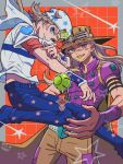  2boys blonde_hair blue_eyes blue_lips blue_pants commentary facial_hair gold_teeth green_eyes green_lips grills gyro_zeppeli hat heart_ornament hood hoodie horseshoe_hat_ornament horseshoe_ornament johnny_joestar jojo_no_kimyou_na_bouken karumonn lipstick looking_at_viewer makeup male_focus multiple_boys pants short_sleeves smile star_(symbol) star_print steel_ball_run tusk_(stand) tusk_act1 untranslatable_commentary wristband 