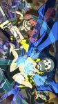  4boys bandana black_bandana black_kimono blonde_hair blood blood_on_face blue_coat chest_tattoo closed_mouth coat coat_on_shoulders commentary_request denim devil_fruit_power eustass_kid facial_hair goatee goggles goggles_on_head hat highres holding holding_sword holding_weapon japanese_clothes jeans killer_(one_piece) kimono male_focus multiple_boys one_piece pants red_hair roronoa_zoro scar scar_on_chest shirt sword tattoo trafalgar_law twitter_username u_ta_p weapon wind yellow_shirt 