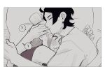  1boy 1girl ? ?? ahoge blush closed_eyes commentary_request cuddling gradient_hair greyscale hetero highres hug monochrome multicolored_hair paxton_(pokemon) pillow pokemon pokemon_legends:_z-a sleeping suwa_(hdgjg40fwe92334) sweat taunie_(pokemon) upper_body 