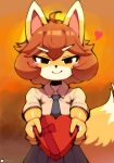 2026 4_fingers ahoge anthro artist_name biped black_eyes black_nose blue_bottomwear blue_clothing blue_necktie blue_skirt blush blush_stickers bottomwear breasts brown_hair bully_fox canid canine closed_smile clothed clothed_anthro clothed_female clothing collared_shirt digital_media_(artwork) dipstick_ears dipstick_tail ear_markings eyebrows eyelashes female female_anthro fingers fox fully_clothed fully_clothed_anthro fully_clothed_female fur gift hair heart_box heart_symbol hi_res holding_gift holding_object holidays looking_at_viewer mammal markings mouth_closed multicolored_body multicolored_ears multicolored_fur necktie orange_background pink_inner_ear pointy_ears prick_ears shirt simple_background skirt smile smiling_at_viewer solo tail tail_markings tan_body tan_fur tan_tail text topwear two_tone_body two_tone_fur valentine's_day voider_(artist) white_clothing white_ear_tips white_eyebrows white_shirt white_tail_tip white_topwear