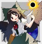  arm_cannon bird_wings black_hair black_sun black_wings blush border bow cape commentary_request green_bow green_skirt grey_background hair_bow highres long_hair looking_at_viewer open_mouth red_eyes reiuji_utsuho shirt short_sleeves signature simple_background skirt sun third_eye touhou weapon white_border white_cape white_shirt wings yoihebi 