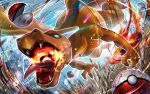  8686island blue_eyes blue_sky breath_weapon breathing_fire charizard claws commentary_request dragon fangs fire flame-tipped_tail no_humans open_mouth poke_ball poke_ball_(basic) pokemon pokemon_(creature) pokemon_focus sharp_teeth sky tail teeth tongue wings 