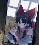  2girls ascot black_vest blonde_hair blush bow braid brown_eyes brown_hair closed_mouth commentary detached_sleeves frilled_bow frilled_hair_tubes frills hair_bow hair_tubes hakurei_reimu hashtag-only_commentary highres kirisame_marisa kouyicha long_hair mirror multiple_girls open_mouth red_bow ribbon-trimmed_sleeves ribbon_trim short_sleeves side_braid single_braid smile touhou vest white_bow yellow_ascot yuri 
