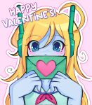  1girl 4str0zz android artist_name blonde_hair blue_eyes cave_story collarbone commentary corrupted_twitter_file curly_brace english_commentary envelope highres holding holding_envelope long_hair neckerchief outline pink_background pink_outline red_neckerchief simple_background solo twitter_username white_outline 