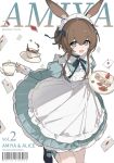  1girl :d absurdres ace_(playing_card) ace_of_diamonds ace_of_hearts ace_of_spades alice's_adventures_in_wonderland alice_(alice_in_wonderland) alice_(alice_in_wonderland)_(cosplay) amiya_(arknights) apron aqua_dress aqua_eyes aqua_socks arknights artist_name barcode black_shoes breasts brown_hair cake cake_slice card character_name commentary cosplay cover cup diamond_(shape) dress english_commentary food foot_out_of_frame fruit heart highres holding holding_teapot infection_monitor_(arknights) isekai_douyou_(chant) juliet_sleeves long_sleeves looking_at_viewer magazine_cover maid maid_headdress medium_breasts open_mouth plate playing_card puffy_sleeves saucer shoes short_hair sidelocks simple_background smile socks solo spade_(shape) strawberry strawberry_shortcake striped_clothes striped_dress striped_socks tea teacup teapot vertical-striped_clothes vertical-striped_dress vertical-striped_socks white_apron white_background 