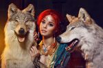  1girl blue_eyes breasts censored circlet cosplay costume dress freckles helly_von_valentine_(disharmonica) indoors jewelry large_breasts long_hair necklace photo red_hair robe side_braids solo the_witcher triss_merigold wolf 