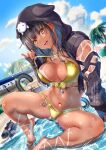  1girl :d adversarial_noise alternate_color alternate_skin_color animal_ear_hood animal_ears animal_hood animal_on_head asakura_karen_(heaven_burns_red) ass_visible_through_thighs barefoot beach bikini bikini_top_pull black_hair black_hoodie blue_nails blue_sky blunt_bangs blush breasts breasts_apart cat cat_ears cat_hood cat_on_head cat_tail commentary_request criss-cross_halter curvy dark-skinned_female dark_skin day dutch_angle fake_tail feet foreshortening full_body gold_bikini hair_over_shoulder halterneck heaven_burns_red highres hood hood_up hoodie knee_up large_breasts lips long_hair long_sleeves looking_at_viewer nail_polish navel noir_(nowaru) ocean official_alternate_costume on_head open_mouth outdoors pinky_out pulling_own_clothes signature sitting sky sleeves_past_wrists smile solo spread_legs swimsuit tail tan tanlines teeth thighs toenail_polish toenails toes tsurime upper_teeth_only water watermark yellow_eyes zipper 
