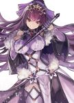  bangs bare_shoulders breasts capelet commentary dress fate/grand_order fate_(series) forehead_jewel fur_trim gem goomrrat hair_between_eyes hair_ribbon hand_on_own_chest hips large_breasts long_hair looking_at_viewer ponytail purple_dress purple_hair purple_legwear purple_ribbon red_eyes ribbon scathach_(fate)_(all) scathach_skadi_(fate/grand_order) simple_background smile solo thighhighs tiara wand white_background 