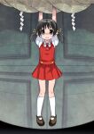  1girl arms_up black_hair brown_eyes commentary_request d: dress gia_(abab0707) highres kaai_yuki mary_janes pinafore_dress red_dress restrained ryona_no_kane shirt shoes short_dress sleeveless sleeveless_dress socks solo tearing_up vocaloid white_shirt white_socks 
