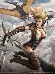  alex_negrea armor bare_shoulders blonde_hair blue_eyes bodysuit boots breasts cleavage cloud gloves headband high_heel_boots high_heels legend_of_the_cryptids lipstick long_hair makeup official_art piercing pterodactyl sky solo sword tattoo teeth weapon 