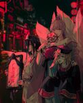  1boy 2girls animal_ears bai_yi_(path_to_nowhere) che_(path_to_nowhere) chinese_clothes commentary_request cosplay cowboy_shot dark ghost_costume hanfu highres jiangshi_costume k.k._(path_to_nowhere) kitsune kyuubi long_sleeves looking_at_viewer mitsukyou multiple_girls multiple_tails night outdoors outstretched_arms path_to_nowhere sleeves_past_fingers sleeves_past_wrists tail zombie_pose 