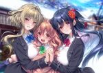  3girls :d amakano black_hair black_jacket blue_bow blue_bowtie blue_eyes blurry blurry_background blush bow bowtie breasts brown_hair closed_mouth collared_shirt commentary_request flower green_bow green_bowtie grey_eyes hair_between_eyes hair_flower hair_intakes hair_ornament heterochromia highres holding_hands hoshikawa_koharu hug interlocked_fingers jacket kanbayashi_mizuki lapels large_breasts long_hair long_sleeves looking_at_viewer multiple_girls notched_lapels official_art open_clothes open_jacket open_mouth outdoors parted_lips piromizu purple_eyes red_bow red_bowtie red_eyes ringlets school_uniform shirt short_hair short_hair_with_long_locks smile takayashiro_sayuki teeth white_shirt wing_collar 