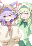  2girls absurdres animal_ear_fluff animal_ear_hood animal_ears blue_eyes blush brown_hoodie chico_(yuzuha_riko) choppy_bangs commentary_request como_szsz drawstring drill_hair fang fox_girl green_hair green_hoodie hair_ornament hair_rings hands_up heterochromia highres hood hood_down hoodie inari_(tenko_shibuki) korean_commentary long_hair long_sleeves looking_at_viewer multiple_girls open_mouth orange_eyes parted_bangs pom_pom_(clothes) pom_pom_hair_ornament purple_hair simple_background skin_fang sleeves_past_fingers sleeves_past_wrists smile stellive tenko_shibuki upper_body virtual_youtuber white_background yuzuha_riko 