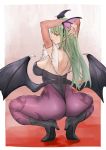  1girl ass back breasts curvy demon_girl from_side green_eyes green_hair half-closed_eyes high_heels highres hips huge_ass large_breasts legs leotard looking_back morrigan_aensland sideboob solo squatting succubus thick_thighs thighs totteri vampire_(game) wide_hips wings 