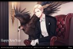  2017 bird blonde_hair bow bowtie candle candlestand chair dated formal gloves green_eyes happy_new_year hawk looking_at_viewer male_focus nengajou new_year ng_kina original painting_(object) sitting solo suit translation_request tuxedo white_gloves white_neckwear 