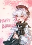  1girl beret black_dress blush brown_hat chinese_commentary commentary drawn_ears drawn_whiskers dress fang grey_hair happy_birthday hat highres l5mon_meng long_sleeves mahou_shoujo_no_majo_saiban multicolored_hair neckerchief open_mouth petals pinafore_dress pink_background pink_streaks sakuraba_ema short_hair sketch sleeveless sleeveless_dress smile solo steepled_fingers streaked_hair twitter_username upper_body white_neckerchief 