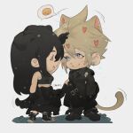  1boy 1girl 4k1030 animal_ears apron bare_shoulders black_apron black_gloves black_hair black_shirt black_shorts black_vest blonde_hair blue_eyes cat_ears cat_tail closed_mouth cloud_strife couple crop_top detached_sleeves earrings fenrir_(final_fantasy) final_fantasy final_fantasy_vii final_fantasy_vii:_advent_children full_body gloves heart hetero highres jewelry kemonomimi_mode long_hair looking_at_another midriff_peek motion_lines open_mouth shirt shorts single_detached_sleeve single_shoulder_pad sleeveless sleeveless_shirt smile spiked_hair standing stud_earrings tail tifa_lockhart vest waist_apron 