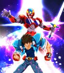  1boy armor breastplate character_request check_character clenched_hand commentary_request danzaiver energy_sword eretzvaju full_armor game_console gauntlets glowing glowing_eyes glowing_sword glowing_weapon helmet highres male_focus pauldrons playstation_1 power_armor red_armor red_helmet sakurajyousui_nami shoulder_armor sword t-back tokusatsu weapon 