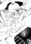  1girl blush breasts center_opening china_dress chinese_clothes claws cleavage cleavage_cutout clothing_cutout darkstalkers dress greyscale hat highres hsien-ko jiangshi jin-zou large_breasts monochrome ofuda open_mouth qingdai_guanmao short_hair solo 