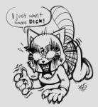  5_fingers aggressive_retsuko all_fours angry anthro ass_up dialogue digital_media_(artwork) english_text female innuendo mammal monochrome open_mouth raised_tail red_panda retsuko shaking_butt solo sweat text yotomoe 