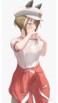  1girl absurdres animal_ears blue_eyes blush breasts brown_hair cheval_grand_(umamusume) closed_mouth clothes_around_waist commentary_request ear_covers ears_through_headwear gym_shirt hair_between_eyes hat hat_belt highres horse_ears horse_girl horse_tail jacket jacket_around_waist long_hair medium_breasts multicolored_hair pants peaked_cap red_jacket red_pants see-through_clothes shirt short_sleeves simple_background solo streaked_hair sweat sweaty_clothes tail tracen_training_uniform track_jacket track_pants umamusume uryua0324 white_hair white_hat white_shirt 