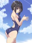  absurdres ass black_hair black_mutou blue_eyes blue_sky blue_swimsuit cloud competition_swimsuit condensation_trail day hands_together highres looking_at_viewer one-piece_swimsuit original outdoors short_hair sky solo swimsuit 