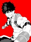  black_eyes black_hair boku_no_hero_academia bright_pupils clenched_hands greyscale helmet highres looking_to_the_side mabataki male_focus monochrome red_background shindou_you simple_background solo toned toned_male 