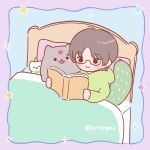  1boy :3 animalization bingpup_(renzha_fanpai_zijiu_xitong) black-framed_eyewear black_hair blush book border cat chibi chibi_only commentary_request cucumber dog facial_mark glasses green_hoodie heart heart_facial_mark holding holding_book hood hoodie long_sleeves luo_binghe male_focus on_bed parted_bangs person_and_animalization pillow purple_border puttonyos3 reading renzha_fanpai_zijiu_xitong shen_qingqiu shen_yuan short_hair smile solid_circle_eyes sparkle star_(symbol) twitter_username under_covers xiao_guan_(headdress) 