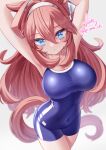  1girl ahoge animal_ears armpits arms_up blue_eyes blue_one-piece_swimsuit blush breasts brown_hair cleavage collarbone commentary_request competition_school_swimsuit grey_hairband hair_between_eyes hairband horse_ears horse_girl horse_tail komaki_yuzu large_breasts long_hair looking_at_viewer mihono_bourbon_(umamusume) navel one-piece_swimsuit school_swimsuit silver_hairband simple_background single_vertical_stripe solo swimsuit tail tracen_swimsuit umamusume 