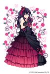  bangs bare_shoulders black_choker black_dress blue_eyes bouquet brown_gloves butterfly_hair_ornament choker dress flower frilled_dress frills full_body gloves gothic_wa_mahou_otome hair_between_eyes hair_ornament hair_ribbon hands_up highres holding holding_flower jenevan long_dress long_hair looking_at_viewer official_art purple_flower purple_hair red_dress red_flower ribbon rose solo standing veil watermark 