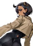  1girl ahoge black_bodysuit black_hair bodysuit brown_jacket commentary_request emma_(pokemon) from_behind hair_ornament highres jacket looking_at_viewer parted_lips pokemon pokemon_legends:_z-a short_hair simple_background solo taiyang_yu white_background 