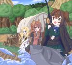  3girls :d alternate_eye_color animal_ears artist_name black_dress black_jacket blonde_hair blue_bow blue_bowtie blue_eyes blue_sky bow bowtie brown_hair child cloud cloudy_sky collar collared_dress covered_wagon crate day dress filo_(tate_no_yuusha_no_nariagari) fish fishing fishing_rod forest green_dress high_collar jacket jacket_on_shoulders kizuna kumonosu.26 layered_dress long_dress long_hair long_sleeves looking_at_another looking_at_viewer messy_hair metal_collar metal_wrist_cuffs multicolored_dress multiple_girls nature outdoors parted_bangs pinstripe_dress pinstripe_pattern raccoon_ears raccoon_girl raphtalia red_dress river riverbank short_sleeves sky smile tate_no_yuusha_no_nariagari time_paradox two-tone_dress two_side_up wagon watermark white_dress 